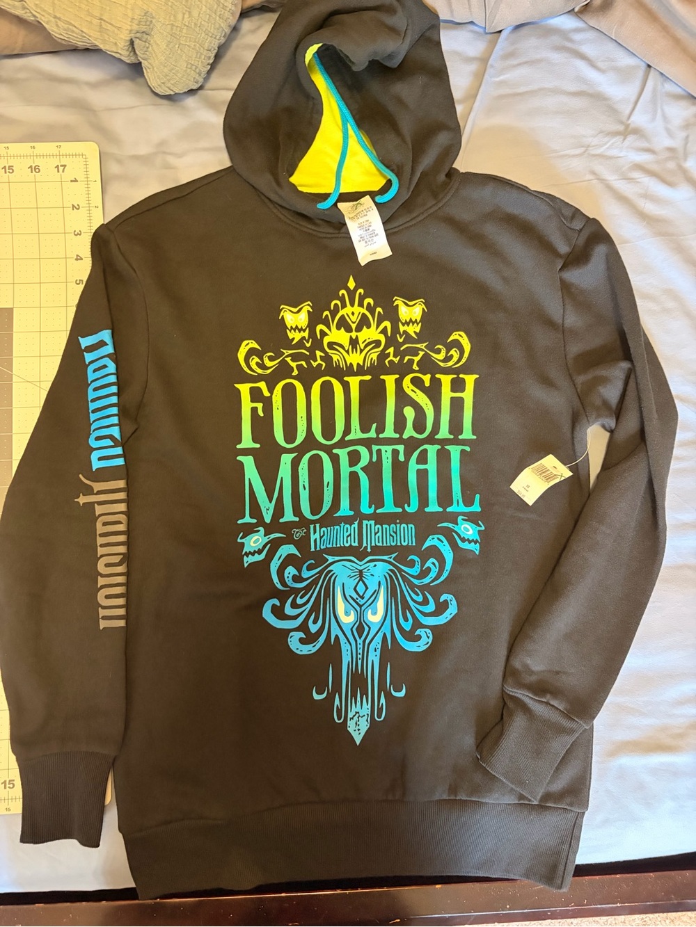 Disney Black Hooded Sweatshirt with Neon Green & Teal Haunted Mansion Art